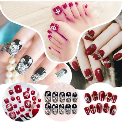 3 Styles Fake Nail Inlaid Diamonds Red Black Acrylic With Double-sided Sticker DIY Decoration 24 PCS Nail Sticker Manicure Tool
