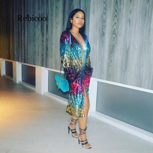 Glitter rainbow sequin fashion woman clothes casaco feminino harajuku Luxury plus size long coat iridescent autumn winter