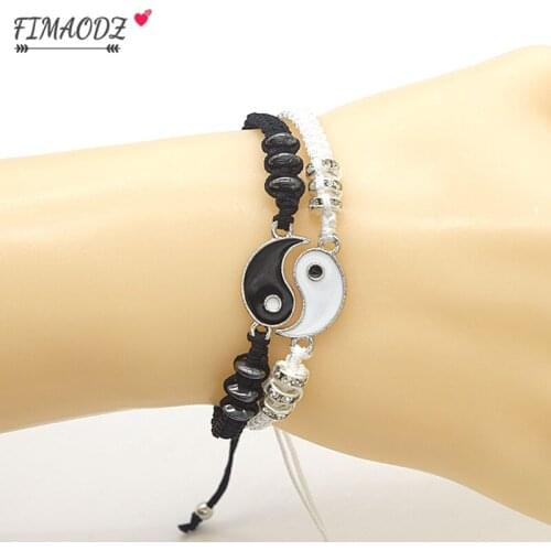 FIMAODZ Retro Yin and Yang Bracelet Couple Black and White Tai Chi Woven Braid Bracelets Bangles Gift