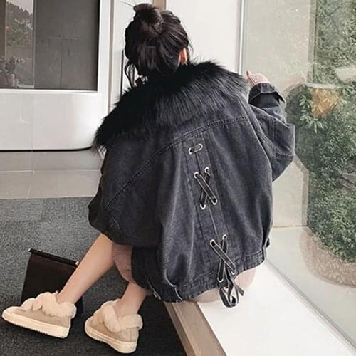 Cotton Cowboy Big Fur Collar Women Plus Velvet Short Loose Winter Warm Plush Thicken Female Vintage Casual Jean Parka Outerwear