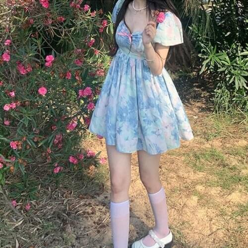 Summer Sweet Fairy Dress Women Elegant Floral Print Kawaii Chic Princess Dress Female Korean Beach Party Victorian Dress 2021