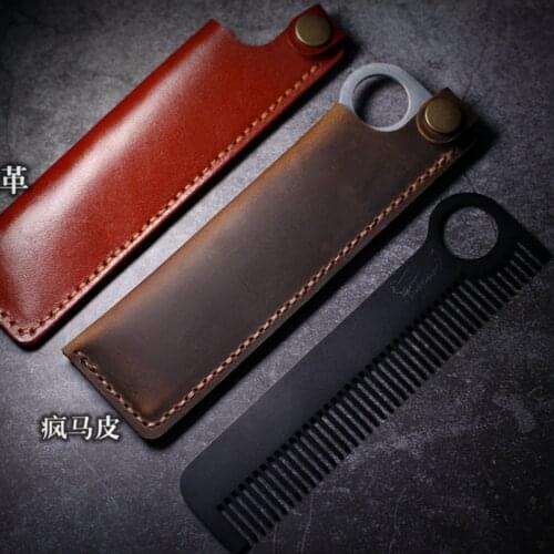EDC Stainless Steel Comb with Hand Made First Top Layer Cowhide Vegetable Tanned Leather Survival Outdoor Multifunction Pocket