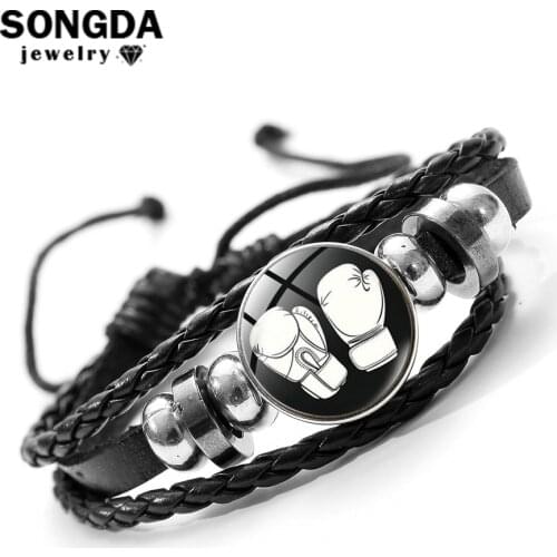 SONGDA Fun Cartoon Gym Sports Boxing Glass Buckle Bracelet Adjustable Men Women Multi-layer PU Leather Bracelet Gift for Friends