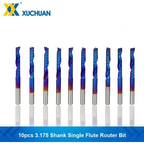 10pcs Single Flute Router Bit Set 3.175 Shank Nano Blue Coated End Mills Tungsten Carbide Spiral CNC Milling Cutter