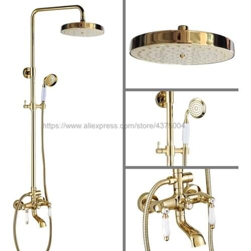 Polished Gold Bathroom Rainfall Shower Faucets Set Double Handle Mixer Tap Wall Mounted Bath Showers Sets Ngf375