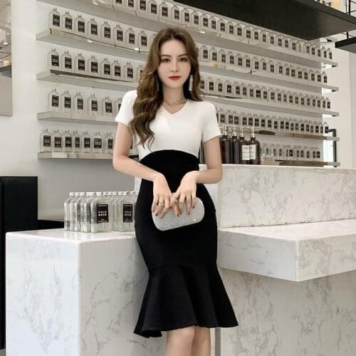2020 Autumn Sexy Party Bodycon Mermaid Dresses Women V Neck Short Sleeve Dresses Office Patchwork Vintage High-end Bandage Dress