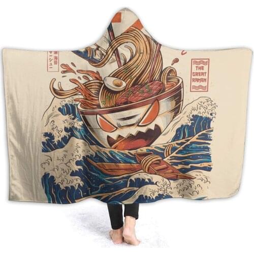 Hooded Blanket 3D Under The Wave Off Kanagawa Ramen Print Throw Plush Blankets Sherpa Fleece Soft Winter Warm Novelty Cape Wrap