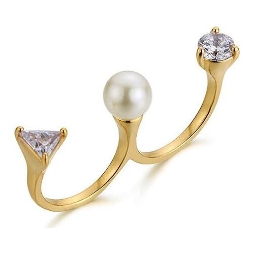 Queen Lotus Cubic Zirconia Unique Fashion Three Inlaid Style Geometric Zircon Fingertip Double Pearl Ring