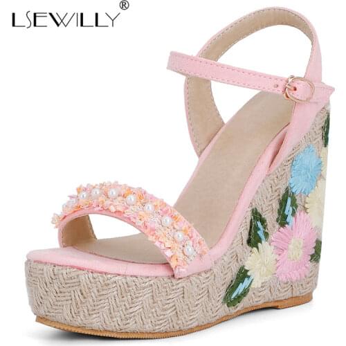 Lsewilly Platform Super High Heel Sandals Woman Shoes Espadrille Wedges Heel Sandals Flower Buckle Ladies Footwear Green Size 48