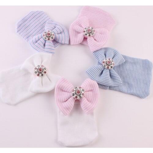 Newborn Hat Cute Rhinestones Big Bowknot Cap Baby Cotton Infant Soft Knit Striped Caps Girl Beanie Hats Accessories
