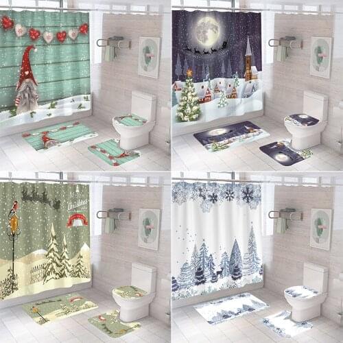 Santa Claus Merry Christmas Fabric Shower Curtain Waterproof Snow Scene Bathroom Curtains Anti-skid Rugs Toilet Cover Bath Mat