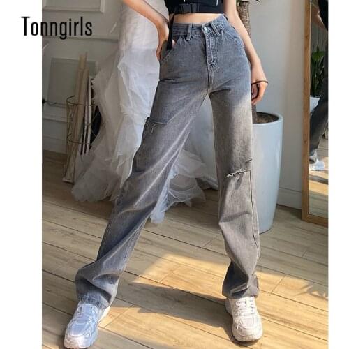 Tonngirls Y2k Vintage Jeans Casual Loose Ripped Jeans For Women Streetwear Grey Hight Waist Denim Pants Summer Jeans Trousers