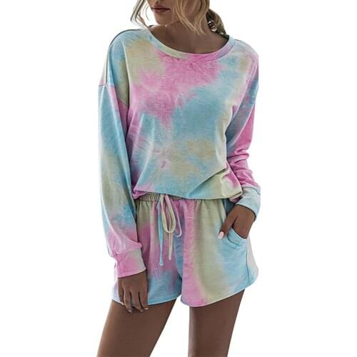 Y2k Womens Tie-dye Print Long Sleeve O-collar Pullover Leisure Tops Shorts Set Two Piece Sets White Outfit Jogging Femme Suit