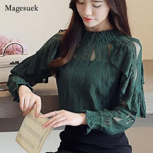 2021 Hollow Out Lace Blouse Women Elegant Floral Ruffled Clothing Ruffle Lantern Sleeve Blouse Shirt Female Tops Blusas 14313