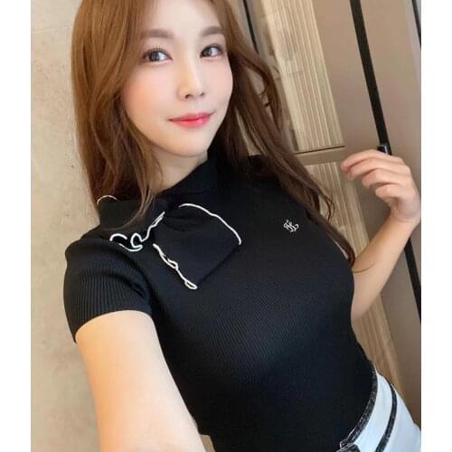 Womens Golf Short Sleeve Shirt Bowknot Pearl Collar Women Knitted Shirt