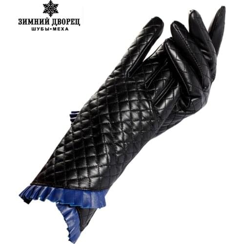 Womens gloves,Wrist mouth blue lace,Genuine Leather,Cotton,Adult black leather gloves,Ladies gloves,Female gloves,Free shipping