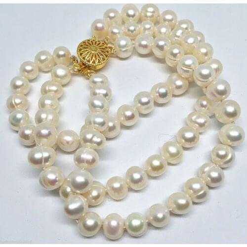 NEW Fashion 3 rows Natural white freshwater pearl round beads women bracelet 7.5"