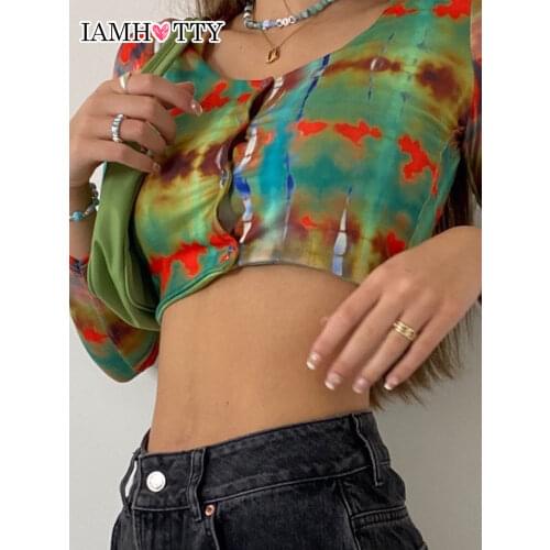 Y2K Grunge Aesthetic Cropped Top Tees Women Tie Dye Printed Long Sleeve T-shirt Sexy Vintage Button Up Cardigan Shirt Iamhotty