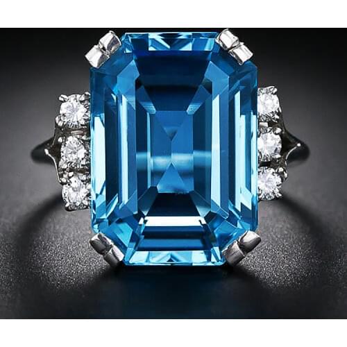 High Quality Charm Female Rectangle Stone Big Blue Rings For Women Silver Color Inlay White Crystal Square Zircon Ring Wholesale