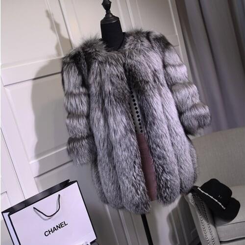 BFFUR Real Fur Silver Fox Coat For Women Thick Warm Womens Coats 2020 Winter O-Neck Natural Fur Standard Solid Casual Full Pelt