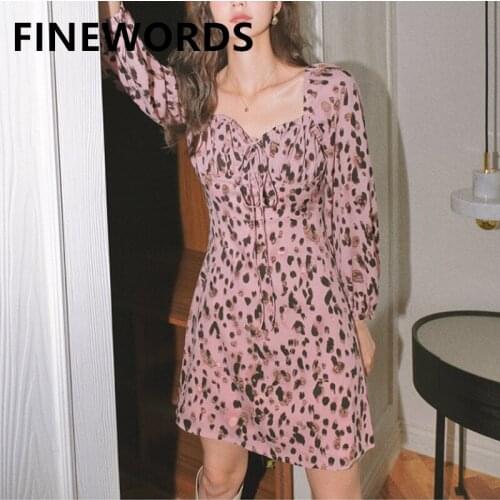 FINEWORDS Long Sleeve Leopard Pink Dress 2021 Spring Sexy Korean Dress Vintage Casual Streetwear Bust Bandage Printed Midi Dress