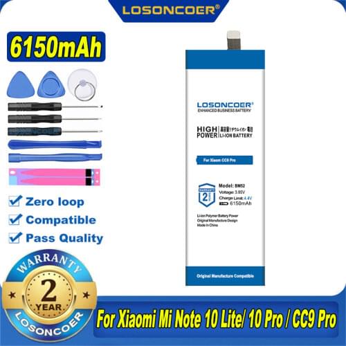 100% Original LOSONCOER BM52 5650mAh Battery For Xiaom CC9 Pro, M1910F4E, M1910F4G,Mi CC9e Pro,Mi Note 10 Pro