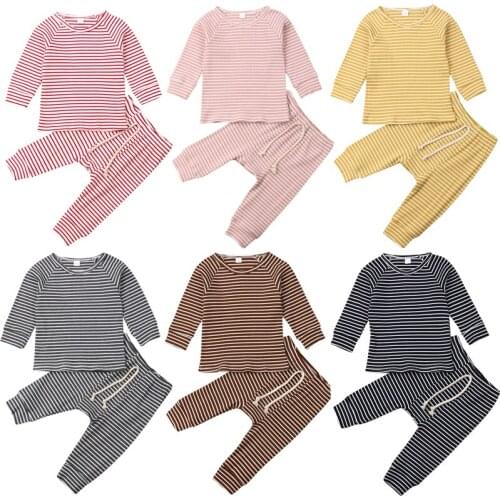 2020 Toddler Kids Baby Boy Girl Clothes Set Spring Long Sleeve Striped Cute Round Neck Top Pants Clothing 2PCs Outfits Costume