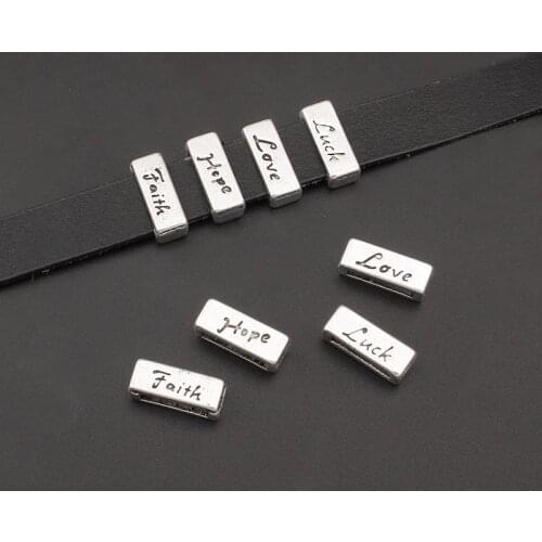 30pcs Carved Hope Love Luck Faith Slider Spacers Beads For 10x2mm Flat Leather Cord Bracelets Jewelry Gift Making