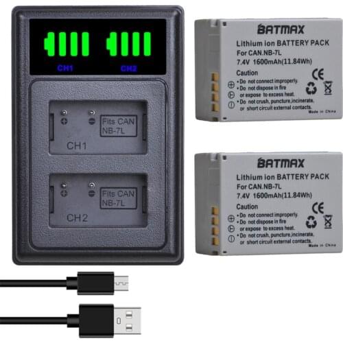 Batmax NB-7L NB 7L NB7L 1600mAh Battery+LED USB Dual Charger with Type C Port for Canon PowerShot G10 G11 G12 SX30IS