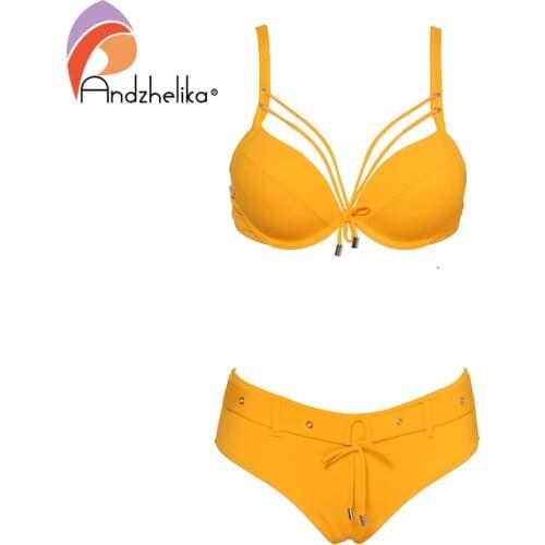Andzhelika Yellow Solid Bikinis Women Sexy Bandage Bikini Set Swimsuit Push Up Bikini Bathing Suit Swimwear Female Biquini