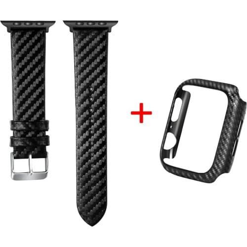 PC Case for Apple Watch 44mm Band Leather iWatch Series 4 Strap Watch Bands Carbon Fiber Bupmer With Watchband 42mm