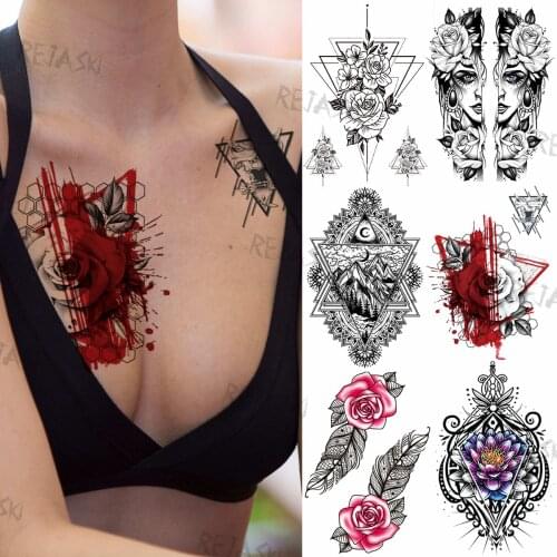 Geometric Rose Flower Temporary Tattoos For Women Adult Henna Feather Lace Moon Temporary Fake Tatoos Large Sexy Tattoo Stickers