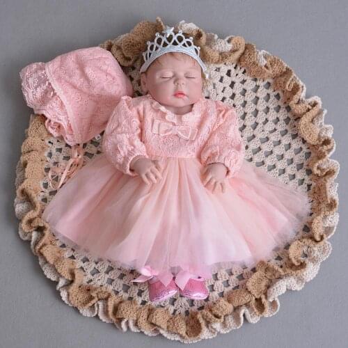 3PCS Set Baby Girl Baptism Dress Pink Lace Infant Girl Party Christening Gown Silver Crown Headband Embroidery Hat 0-24Months
