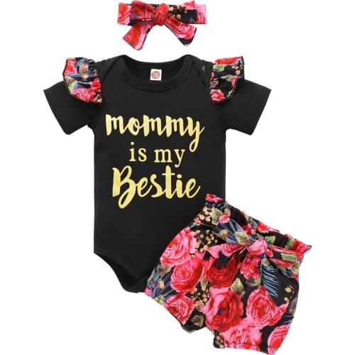 Summer Baby Boy Girl Clothes Set Toddler Mommy Bestie Letter Romper +Floral Shorts+Hairband Outfits Sets For Newborn Infant Kids