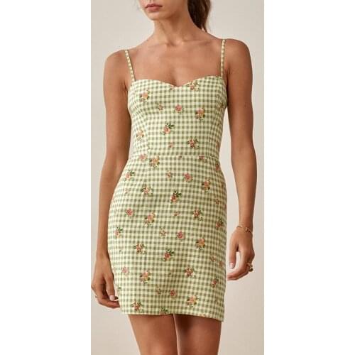 Summer Clothes For Women Beach Dress Vacation Plaid And Floral Print Mini Dress Sweetheart Neck Sleeveless Spaghetti Strap Dress