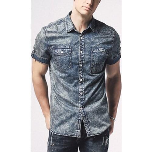 Summer Casual Mens 2018 Washed Cool Short Sleeve Single Breasted Denim Shirt , 100% Cotton Male 3XL 2XL Shirt , Blouse For Men