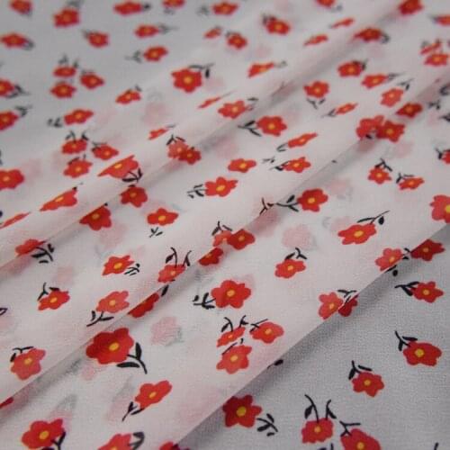 White Bottom Small Red Flower Floral Chiffon Yarn Fabric Dress Shirt Sun Protection Clothing Girls Clothing Handmade DIY Fabric