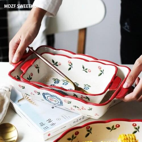 MDZF SWEETHOME Ceramic Cherry Baking Pan Dinner Dishes Lasagna Salad Pan European Style Oven Baking Tray Kitchen Bakeware Tool