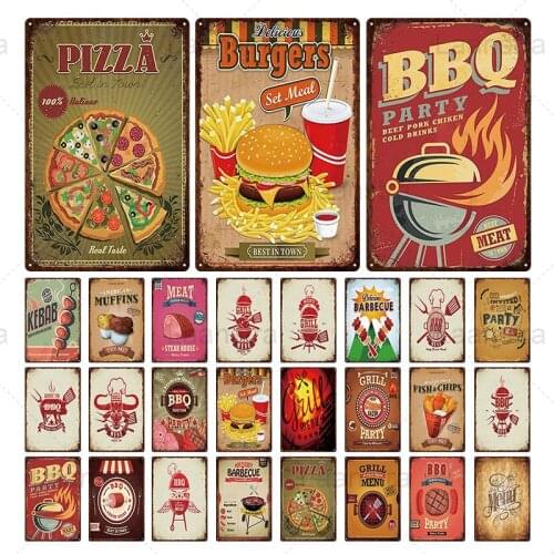 Metal Poster Tin Sign Fast Food & BBQ Party Iron Sheet Picture Club Bar Restaurant Open Place Decor Iron Painting Wall Home Deco