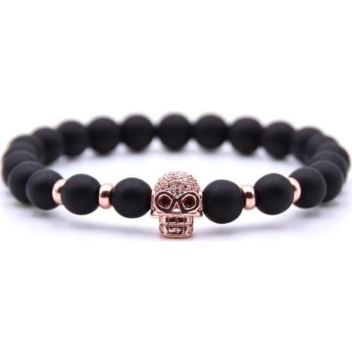 Punk Skull Men Bracelets Charm Matte Black Natural Stone Beads Onyx Skeleton Bracelets For Women Fashion Beaded Pulsera Jewelry