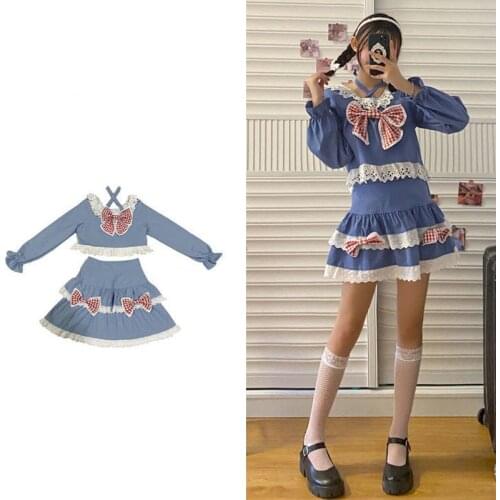 Lovely Lolita Sets Summer Blue Bowknot Lace A-line Skirt Girls Midriff-baring Tops