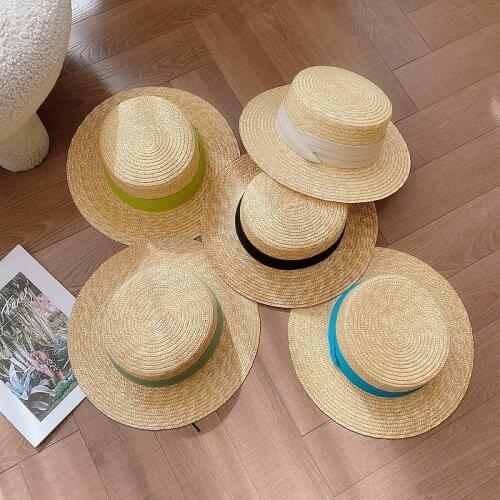Women Summer Kentucky Derby Sun Protection Flat Top Big Wide Brim Travel Holiday Beach Straw Hat Lady Fashion Ribbon Decoration