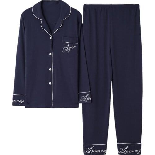 Dark Blue Women Autumn&Winter 100% Cotton Pajama Suit Long Sleeve Simple Soild Loose Home Suit Plus Size Pajamas Set XL XXL XXXL