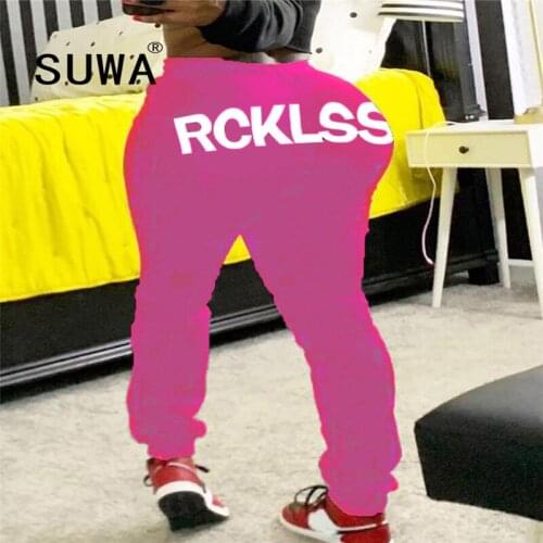 Back Letter Printed Vintage Casual K-Pop Style Skinny Trousers Sweatpants Women High Waist Stacked Pants Wholesale Clothing