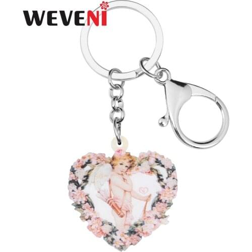 WEVENI Acrylic Valentines Day Heart Floral Angel Cupid Key Chains Ring Bag Car Purse Decorations For Women Girl Teen Charm Gift