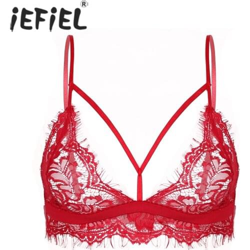 Women Low-cut Lace Trim Sexy Bra Tops See-through Strappy Sissy Clubwear Female Spaghetti Strap Exotic Lingerie Costumes