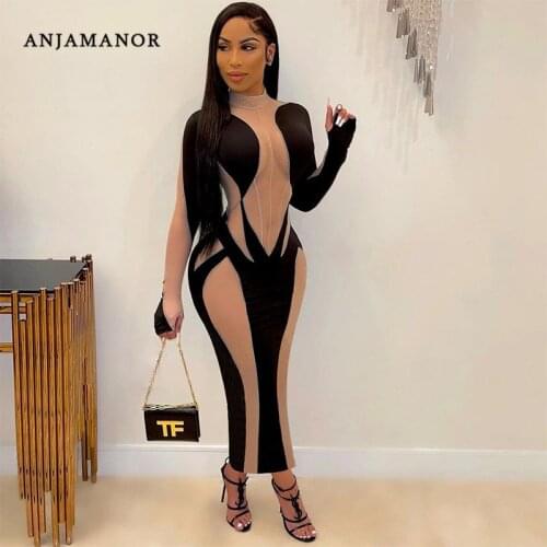 ANJAMANOR Patchwork Mesh Long Sleeve Bodycon Maxi Dress See Through Sexy Evening Dresses Party Club Outfits for Women D78-CB18