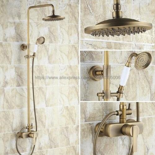 Antique Brass Wall Mounted Shower Faucet Bathroom Rainfall Shower System Set Faucet With Handheld Sprayer Brs176