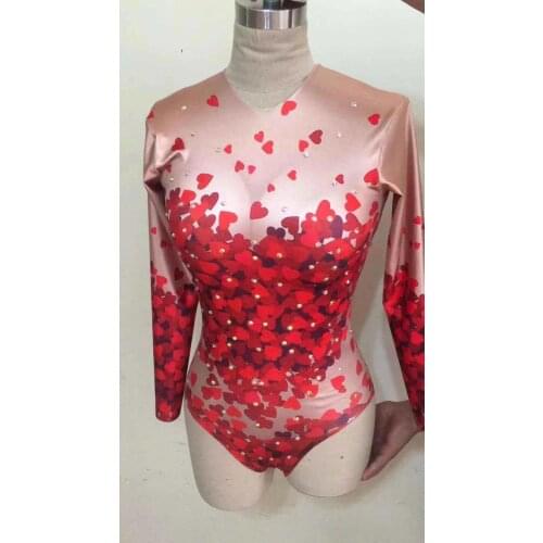 Red love Valentines day gogo bodysuit Sexy heart jumpsuit Female singer bar party costume