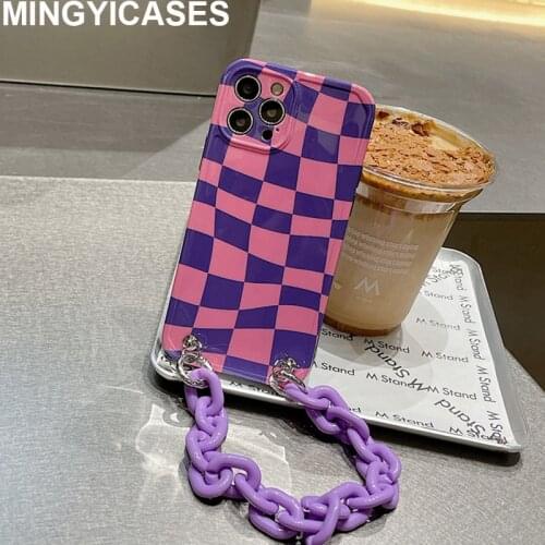 Cases for iPhone 7 8 Plus 11 12 Pro Max Mini IMD Grid Purple Cover for iPhone 12 Pro Xr Xs Max X Prortective Case Chain Strap